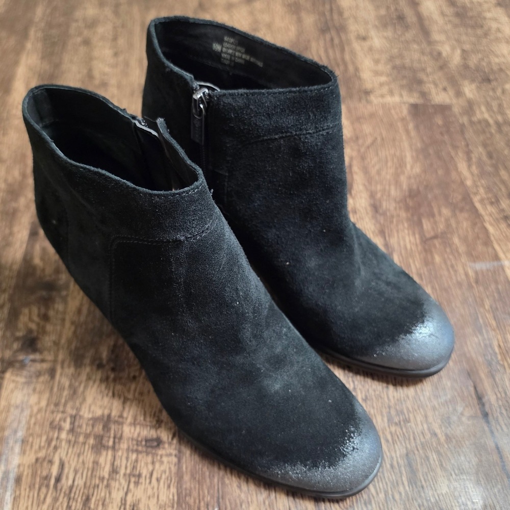 ISOLA Ankle Boots Womens 10M Black‎ Suede Block Heel Side Zip Almond Toe 6418521